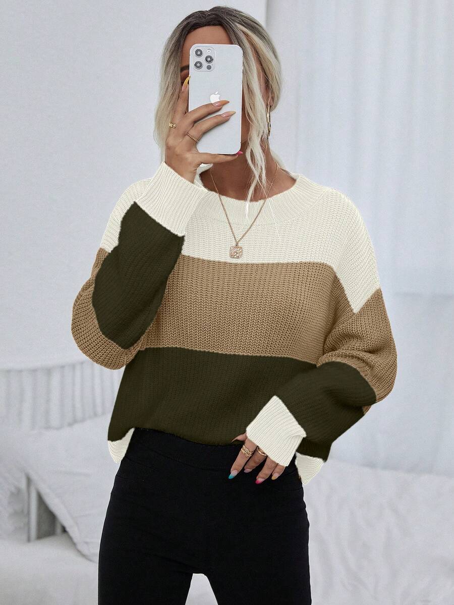 EMERY ROSE Áo len dài tay trễ vai màu tương phản thường ngày cho nữ, Thu/Đông - Nhiều màu - Xem 1