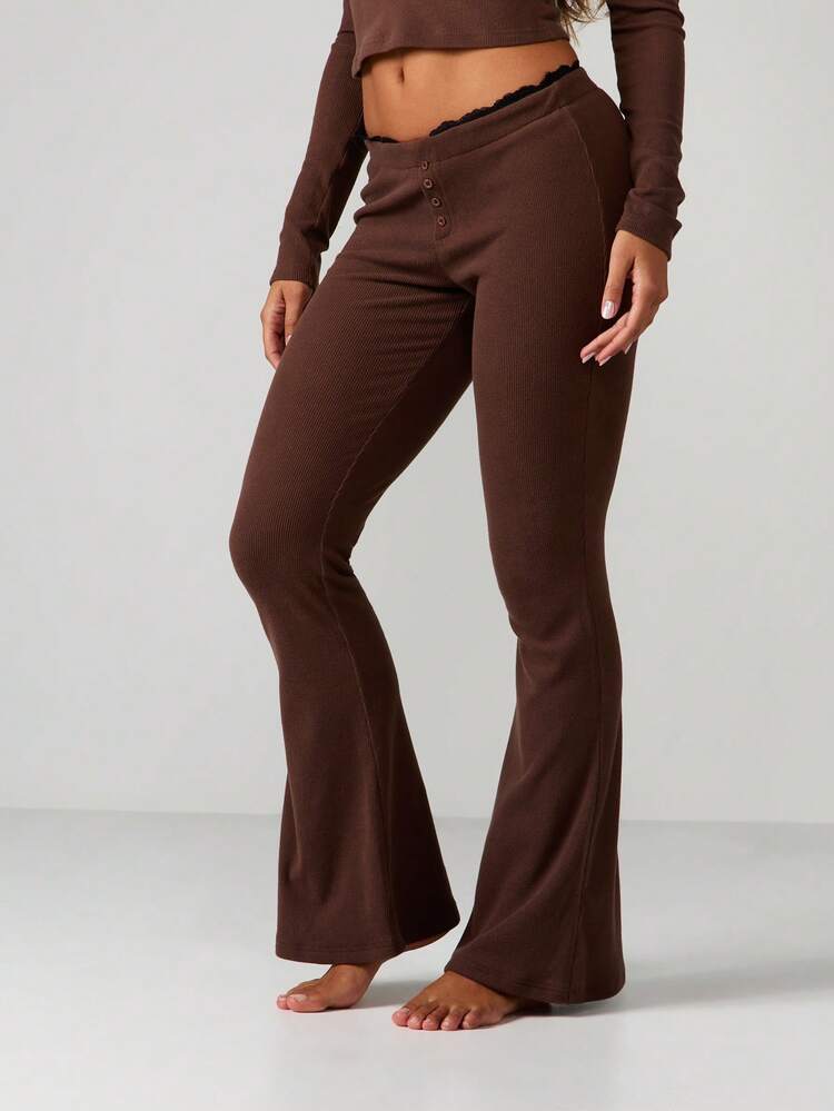 MISSGUIDED Leggings acanalados con volantes y adorno de encaje de cintura alta, pantalones campana para otoño e invierno, ropa de estar en casa