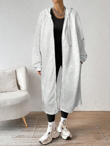 SHEIN EZwear 女士中长款连帽外套，带保暖内衬，白色和灰色，秋冬季简约休闲舒适女装 - 淺灰色 - 查看 5
