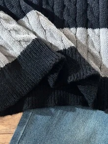 SHEIN 少女条纹撞色麻花针织V领灯笼袖宽松套头毛衣，适合秋冬季外出穿着 - 深灰色 - 查看 7
