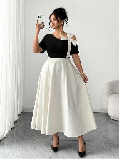 Elenzga 大码女式优雅通勤时尚不对称领单肩撞色蝴蝶结装饰修身T恤连衣裙，A字下摆，适合约会、购物、日常穿着