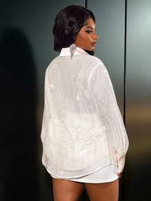 Truni 大码女式亮片衬衫，缎面袖口设计，适合梨形三角身材/2026/新年 - 杏色 - 查看 2