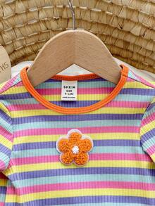 SHEIN Bộ đồ liền thân tay ngắn kẻ sọc nhiều màu sắc dễ thương cho bé gái mùa hè và quần cạp chun - trái cam - Xem 7