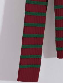 Franclia 女士撞色条纹性感不对称肩针织上衣T恤，法式优雅修身罗纹毛衣，秋冬季，露肩，高领，长袖 - 彩色 - 查看 5