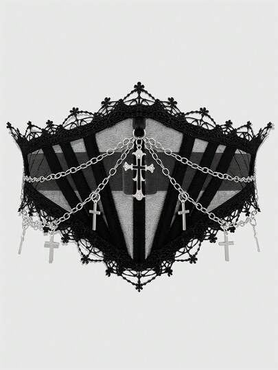 ROMWE Grunge Punk 1pc Women's Black Mesh Lace Rhinestone Pendant Tie-Up Decor Elastic Waist Belt Corset Dress Accessory, Goth Style For Halloween Costume