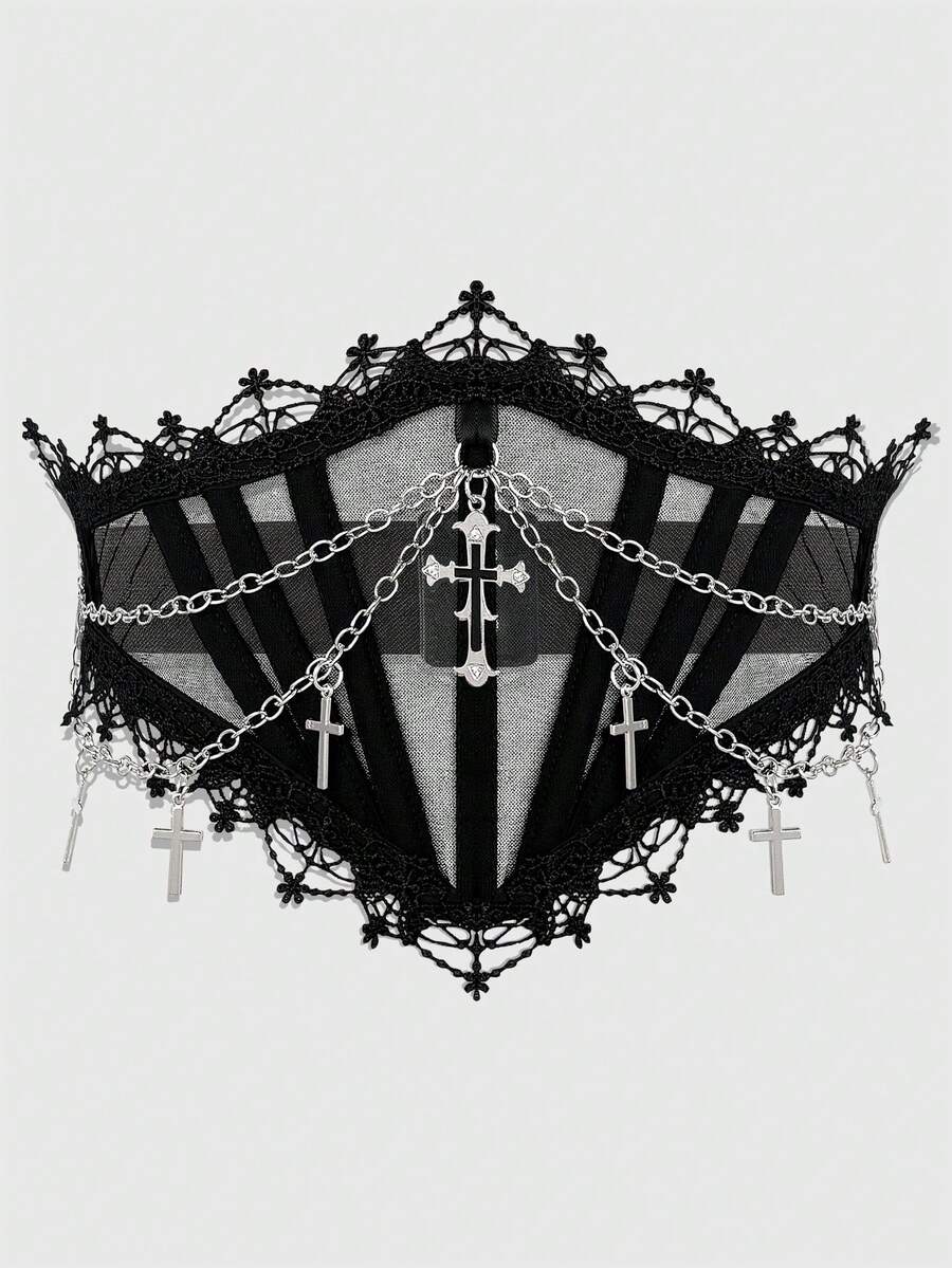 ROMWE Grunge Punk 1件装女士黑色网纱蕾丝水钻吊坠系带装饰弹力腰带束身衣连衣裙配饰，哥特风格万圣节服装 - 黑色鏈條十字架腰封 - 查看 1