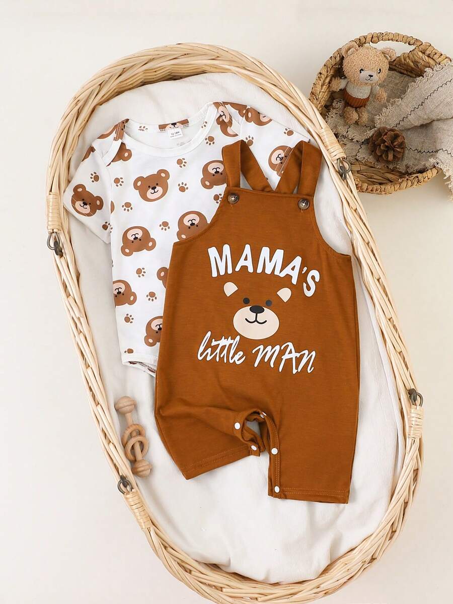 Bộ 2 món cho bé trai: Áo liền thân cổ tròn tay ngắn và quần yếm in chữ & hình gấu hoạt hình, kiểu dáng thường ngày, thích hợp mặc đi trong nhà. Bộ quần áo trẻ em unisex, màu nâu mocha, thương hiệu Mimi, và các thương hiệu khác như Baby Bear Clothes. - Nhiều màu - Xem 1