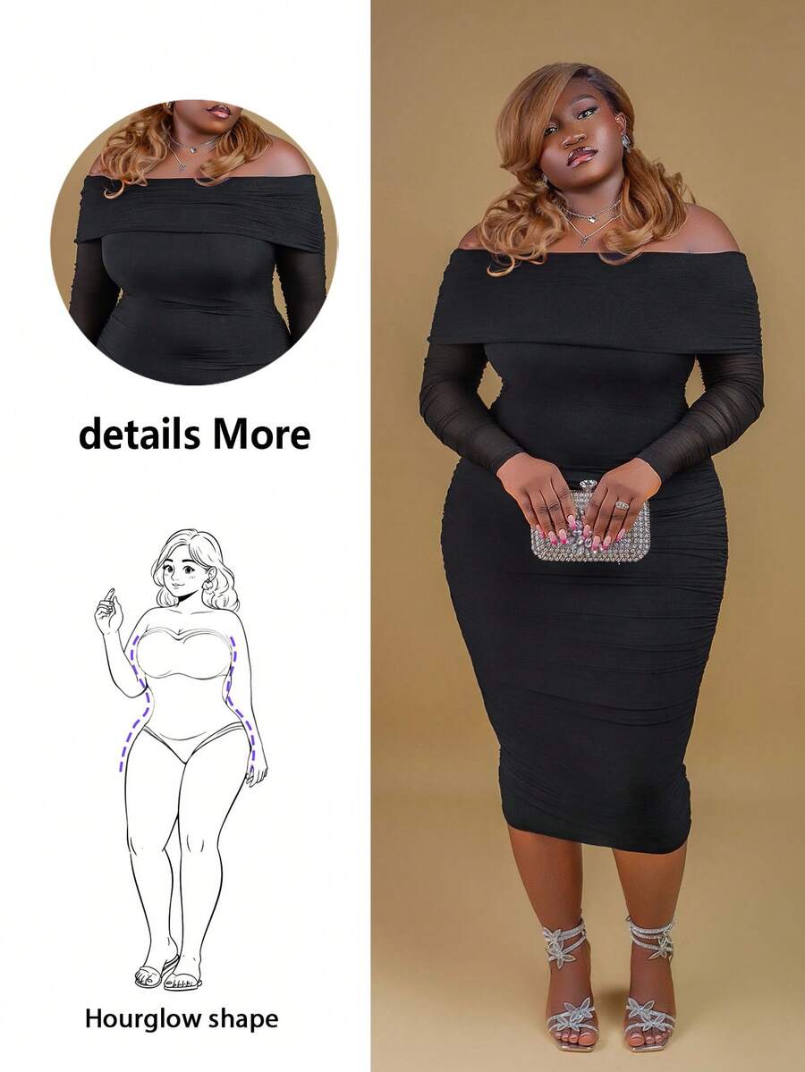 CurvyTilda Tildaharris Plus Off Shoulder Ruched Mesh Bodycon Dress, For Hourglass Body Shape - Black - View 1