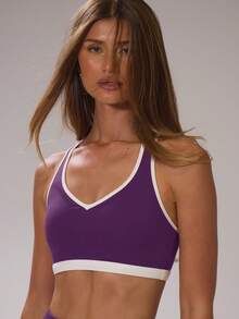 Musera Sport Áo ngực thể thao cổ tròn phối màu tương phản, kiểu lưng chữ Y, thích hợp cho mùa đông, tập luyện thể thao, tập gym, trượt tuyết, thể dục ngoài đường trượt. - Màu tím - Xem 2