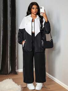 Truni Plus Size Women Contrast Color Zip Front Drawstring Hooded Casual Jacket,Back To School Winter Fall Autumn, For Pear Triangle Body Shape - Multicolor - View 3