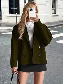 Pariaura Elegante y distintiva chaqueta holgada de nailon con solapa y doble botonadura, para otoño/invierno - Verde militar - Ver 4