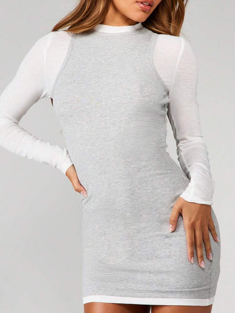 MISSGUIDED Double Layer Contrast Mini Dress With High Mock Neck Long Sleeves Bodycon Fit Perfect For Casual Party Evening Wear