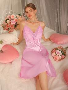 DelicateAllure Romantic Lace Plunging Neck Satin Solid Color Lace Sleepwear, Elegant & Charming - Pink - View 5
