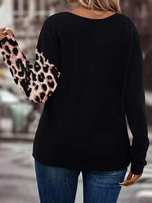 EMERY ROSE Plus Size V-Neck Asymmetric Leopard Print Patchwork Black Print T-Shirt, Fashionable Casual - Multicolor - View 2