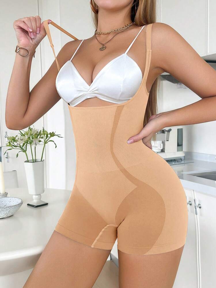 SHEIN 1pc Women's U-Shaped Open Chest Design Bodysuit - Apricot - View 4