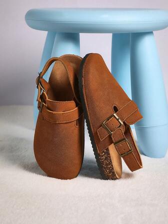 Mini mi Top Seller Kids' Double Buckle Slingback Closed Toe Cork Footbed Tan Clogs-Timeless, & Comfortable.