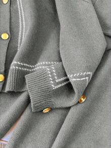 SHEIN Franclia 女士条纹长袖针织开衫和针织裤休闲两件套 - 灰色 - 查看 6