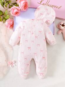 Newborn Baby Girl Pink Bow Print Romper With Ruffles, Footie Pajamas & Hat Set