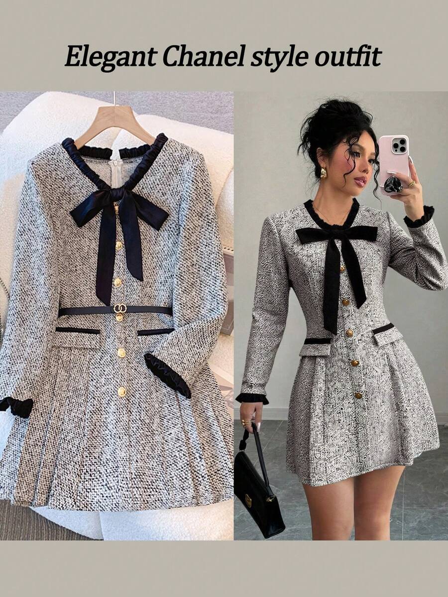 SHEIN Franclia 女士优雅荷叶边下摆褶饰迷你连衣裙，适合通勤 - 彩色 - 查看 1