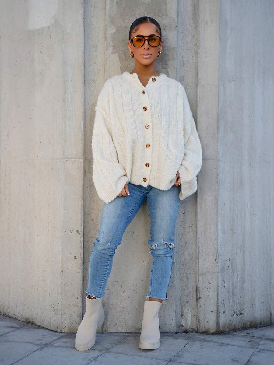 SAYEHFBABY Oversized Drop Shoulder Button Down Knit Cardigan Fall Cute Streetwear Festival Farmhouse , Country, Vintage, Fall Autumn Winter Christmas Evening Party Elegant  Winter - Cream - View 1
