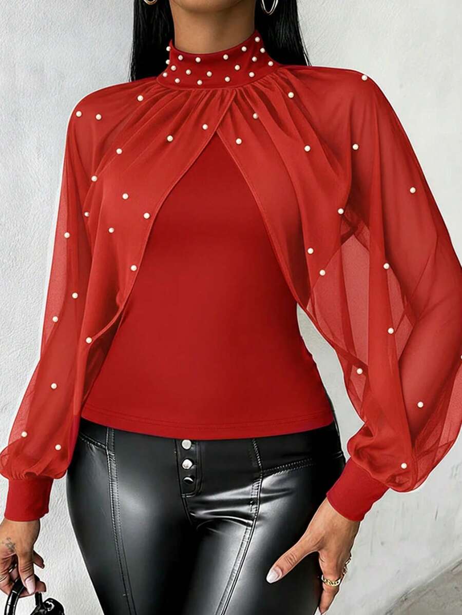 INAWLY Áo thun nữ tay dài chất liệu chiffon, ôm dáng, cổ đính cườm, thanh lịch. - Đỏ - Xem 1