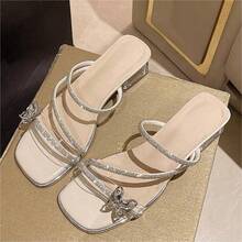 Sandalias de tacón alto para mujer Zapatillas de tacón grueso Ropa de verano para exteriores Sandalias con pedrería de nuevo estilo Sandalias de moda adornadas con lazos - Blanco - Ver 5