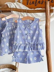 SHEIN Vintaside Kids 两件套女婴可爱休闲格子吊带背心和短裤套装，适合户外活动 - 藍色 - 查看 4