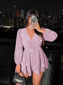 SHEIN LUNE 大码V领长袖阔腿连体裤 - 粉色 - 查看 4