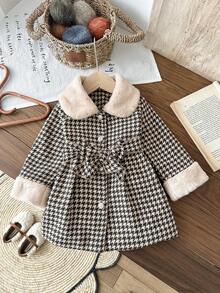 SHEIN 女婴6个月-3岁外套，两件套，优雅日常风，适合冬季穿着，抓绒领装饰长袖千鸟格外套及腰带 - 棕色 - 查看 8