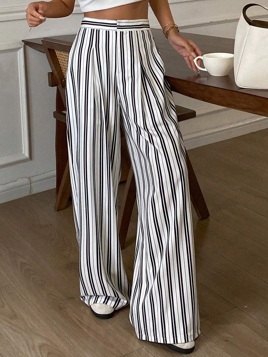 Livesso Women's Striped High Waist Wide Leg Loose Casual Pants, Winter - Black and White - View 1