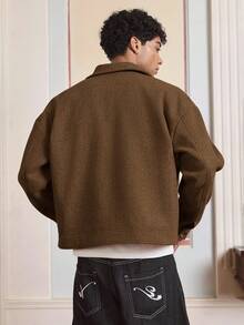 SWAVVY Áo khoác len pha trộn đơn giản, màu trơn, cài một hàng khuy dành cho nam - màu nâu - Xem 5