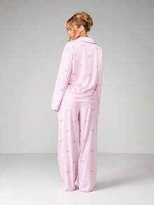 MISSGUIDED Women Striped Button Front Long Sleeve Pajama Set With Bow Print And Collared Shirt Lounge Sleepwear