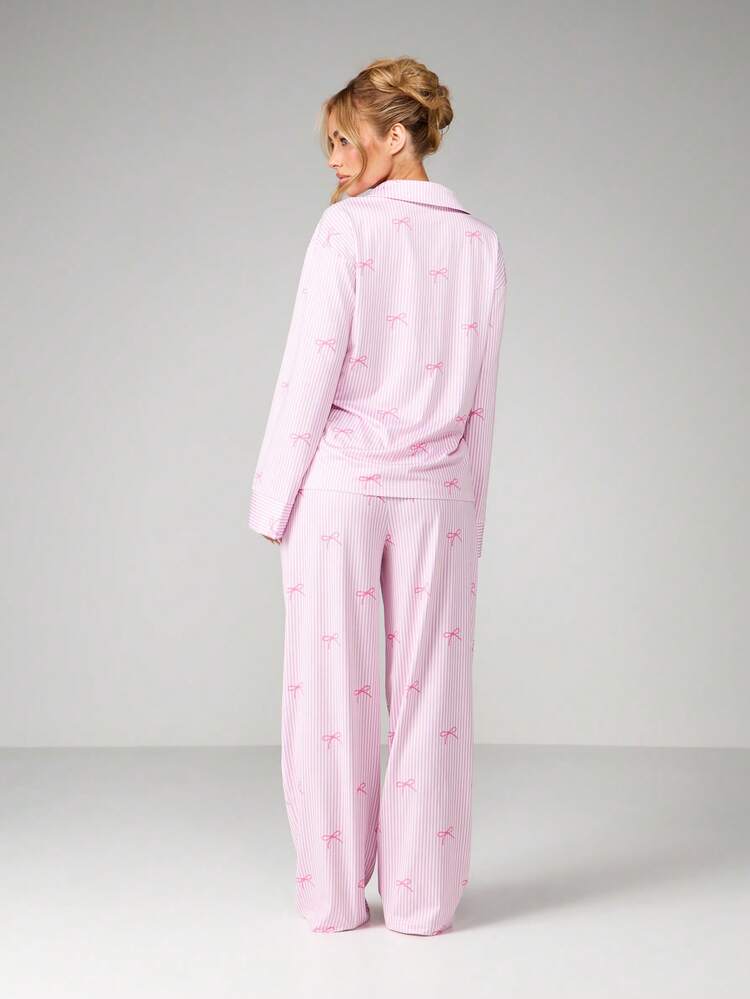 MISSGUIDED 女性用ストライプ ボタン付き長袖パジャマセット リボン柄 カラーシャツ ルームウェア