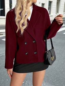 Pariaura 优雅独特的插肩宽松翻领双排扣尼龙夹克，秋冬 - 酒紅色 - 查看 3