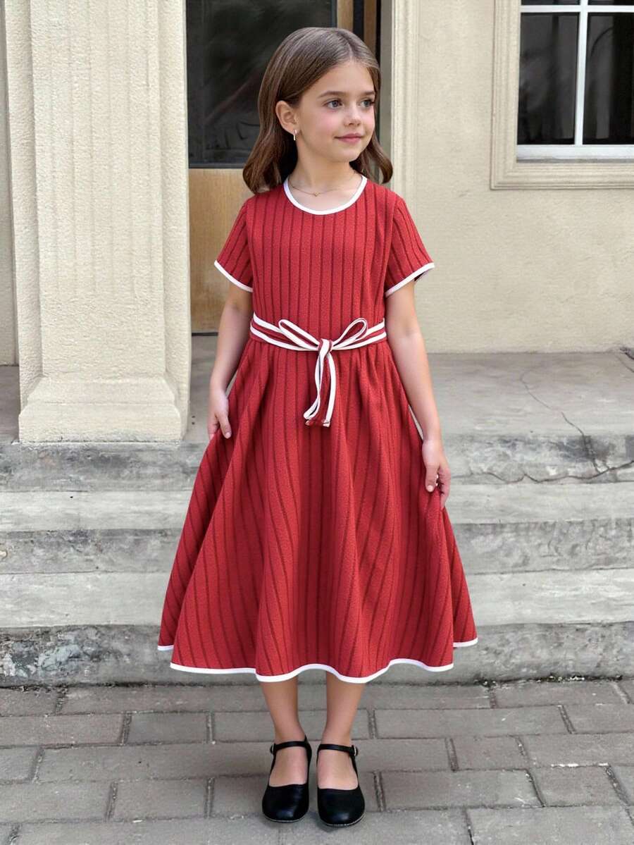 Sparklyn Girls' Casual All-Match Versatile Commute Daily Home Fleece Ribbed Contrast Trim Round Neck Short Sleeve Belted Knit Dress - Multicolor - View 1