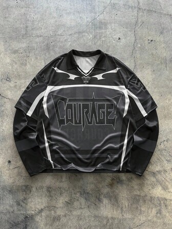 AXEPEAK 男士字母印花二合一长袖休闲Polo衫