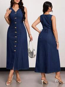 SHEIN Tall Women's Fashion Front Button Sleeveless Denim Dress, Suitable For Commuting Elegant V-Neck Commuter-Chic Metallic Floral Button Detailing Deep Blue Washed Denim Maxi Skirt - Dark Wash - View 1