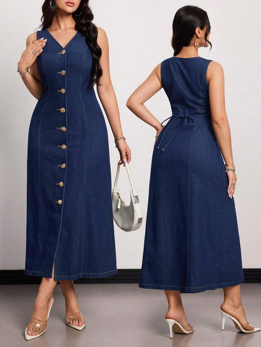 SHEIN Tall Women's Fashion Front Button Sleeveless Denim Dress, Suitable For Commuting Elegant V-Neck Commuter-Chic Metallic Floral Button Detailing Deep Blue Washed Denim Maxi Skirt - Dark Wash - View 1