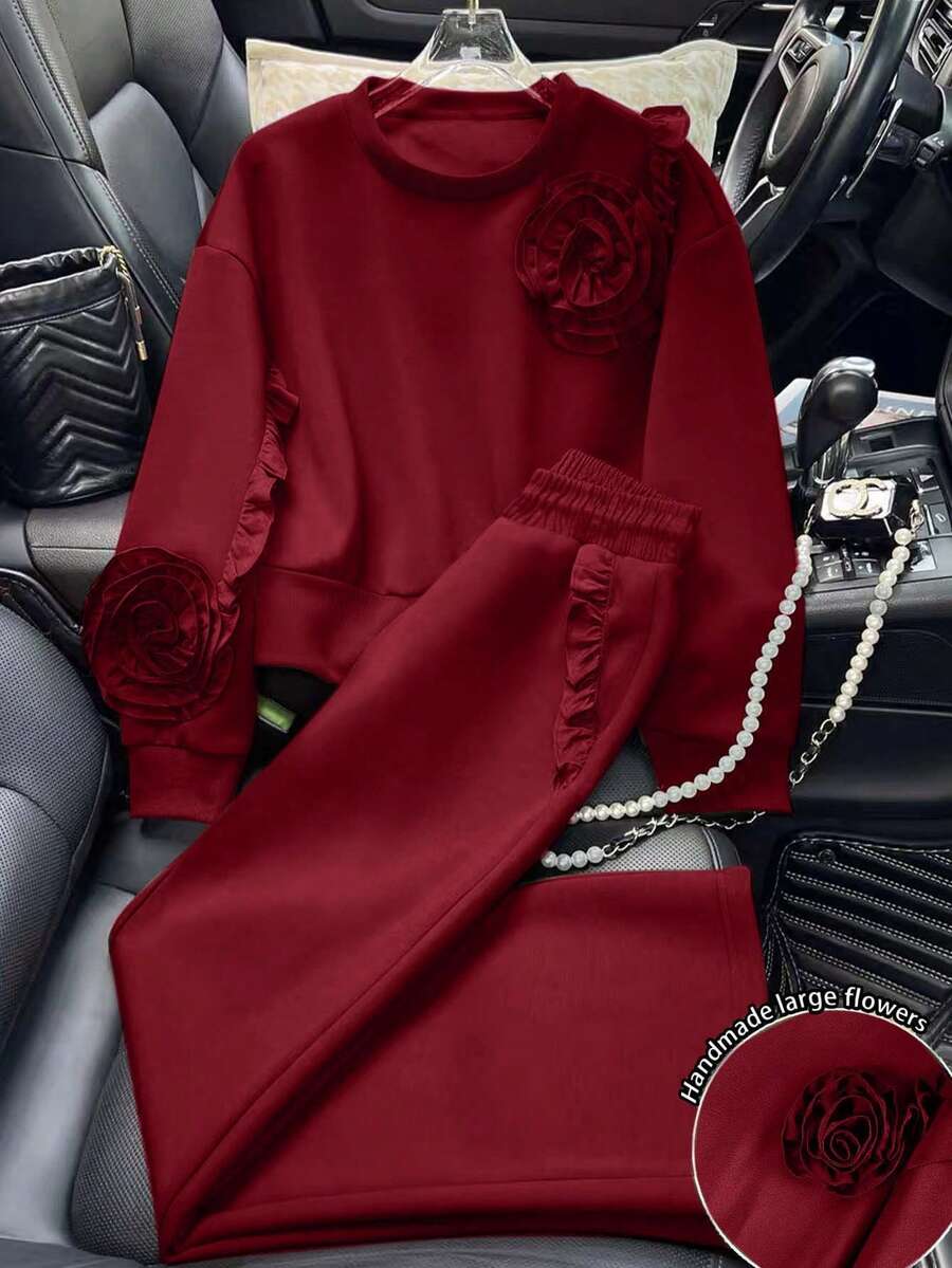 Resyla 2 piezas Conjunto de sudadera con capucha y pantalones jogger para mujer, conjunto de moda para otoño/invierno - Rojo - Ver 1