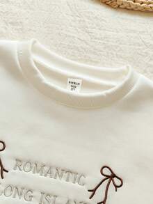 Vintaside Kids Girls' Elegant White Round Neck Long Sleeve Pullover With Embroidered Letter & Bow Tie, Fitted Style With Beige Pants, Suitable For Outings, Casual, School, Party - Multicolor - View 5