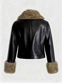 GlowEve CURVE Plus Size Faux Fur Collar PU Leather Elegant Long Sleeve Jacket - Black - View 2
