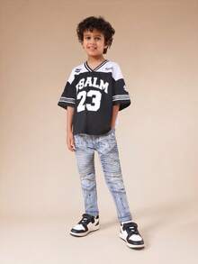 SUMWON Boys Distressed Ribbed Moto Jeans With Paint Splatter Details And Ripped Knee Design For Casual Summer Wear - Light Wash - View 3