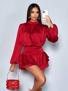 SOLERSUN Women's Sexy & Elegant Mock Neck Lantern Sleeve Pleated Waist Ruffle Trimmed Satin Party Romper,Suitable For Christmas Party Valentine's Day Dating,Fall/Winter - Red - View 8