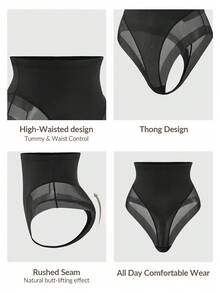 SHAPORA Shaping High-Waisted Mesh Thong Body Shaper Butt Lifter-Tummy Waist Control - Black - View 6