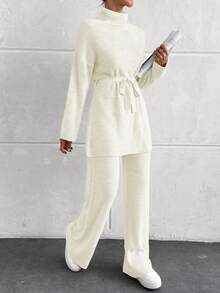 EURMUSE Ladies' Simple Daily Wear High Neck Belted Knitted Two-Piece Set (Solid Color) - Beige - View 6