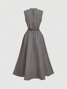 SHEIN MOD 女士格子无袖连衣裙（含腰带），优雅大方，适合派对、商务场合、新年、秋冬季穿着。 - 摩卡棕 - 查看 3