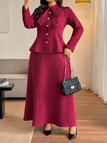 Vionelle Conjunto de blusa de manga comprida e saia maxi feminina plus size para primavera/outono/inverno, com inspiração francesa romântica siciliana, elegante e casual, ideal para o trabalho, férias, chá da tarde, Natal e festas de luxo. Possui gola mandarim, carcela falsa, botões de pérola, laço na cintura, barra evasê e modelagem acinturada. - Borgonha - Ver 5