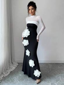 Elenzga 最新款黑白拼布花卉优雅腰部修身女式连衣裙