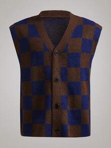 Officeau 男女皆宜的休闲宽松格纹无袖纽扣开襟毛衣，适合春、秋、冬三季穿着。 - 棕色 - 查看 1