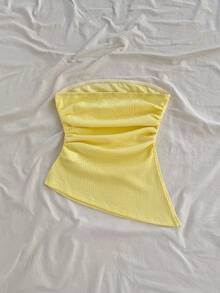 Soleia 女士度假抹胸蓝色纹理不对称下摆，侧开衩，褶皱设计修身衬衫 - 黃色 - 查看 2